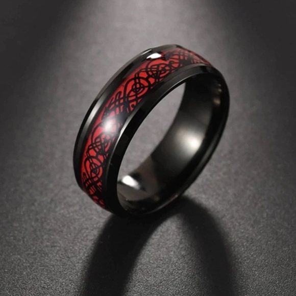 MENS TUNGSTEN BLACK BRUSHED TITANIUM STEEL RED INLAID BLACK DESIGN